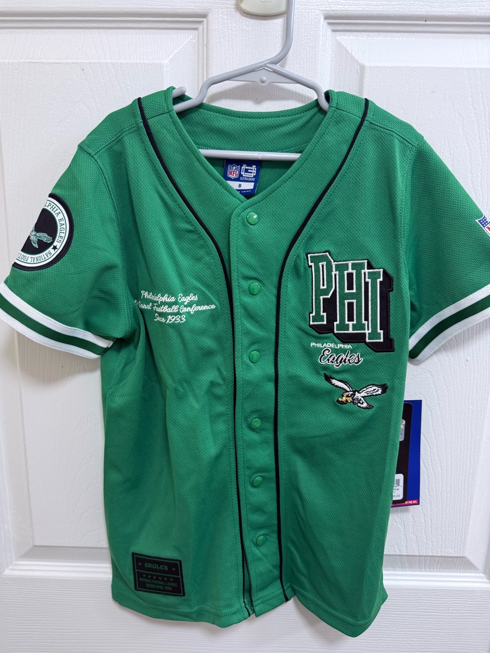 NWT NFL Kids Philadelphia Eagles Kelly Green Button-Front Jersey, Size 8